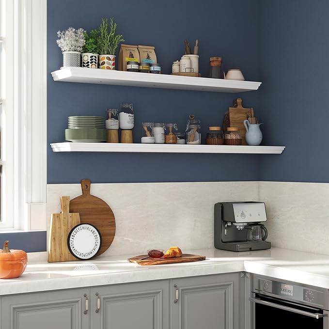 Floating Shelves for Wall, 48 Inch Long Wall Mounted White Hanging Shelf for Kitchen, Living Room, Office, Bedroom, Bathroom, Retro Vintage Wood Bookshelf for House Decor-Ruum Studio Home