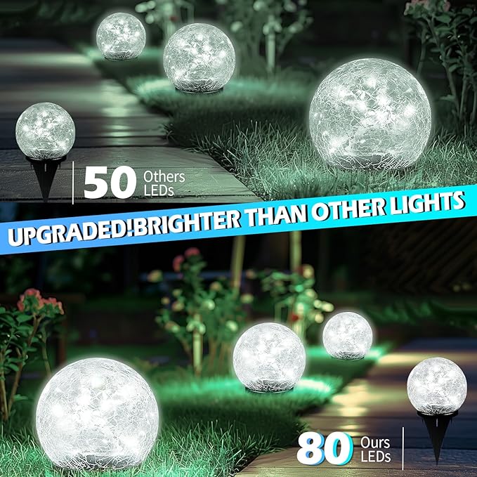 Garden Solar Ball Lights Outdoor Waterproof, 80 LED Cracked Glass Globe Solar Power Ground Lights for Path Yard Patio Lawn, Outdoor Decoration Landscape White (2 Pack 5.9'')-Ruum Studio Home