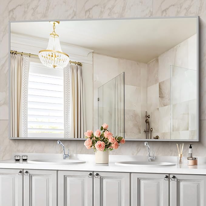 36x55inch Bathroom Mirror, Silver Rectangle Mirror with Thin Metal Frame, Large Rectangular Wall Mirrors for Bathroom, Living Room, Hair Salon, Big Mirror Hang Horizontal/Vertical-Ruum Studio Home