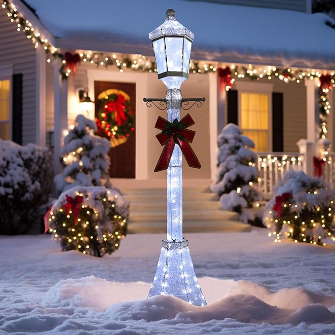 BlueWish 6FT Christmas Decorations Outdoor, Pre-Lit Lighted Xmas Decor with Removable Decorative Bow, Lighted Post Christmas Decoration with Waterproof Lights Cold White for Outdoor and Indoor-Ruum Studio Home