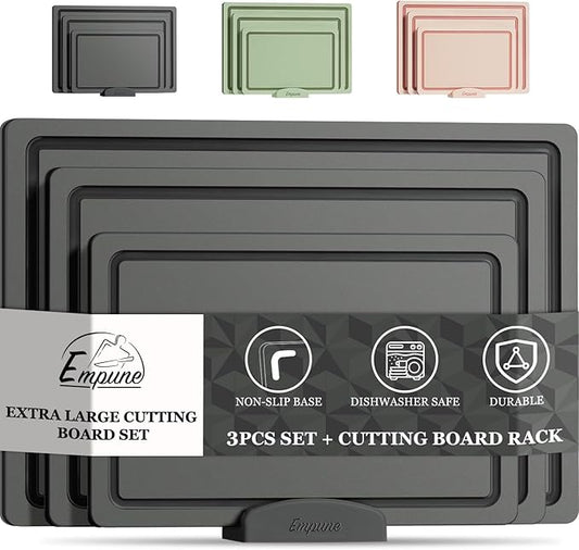 Empune Plastic Cutting Board Set, Recycled Plastic Cutting Boards for Kitchen (Set of 3), Dishwasher Safe Large Chopping Board with Holder, Non-slip Feet and Juice Grooves, Nonporous, Grey-Ruum Studio Home
