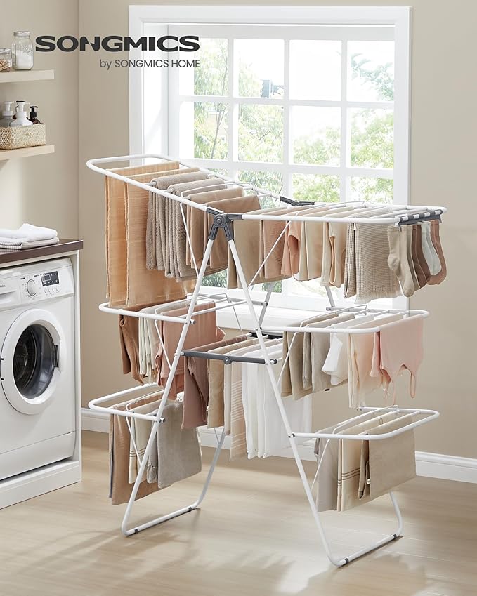 SONGMICS Clothes Drying Rack, Foldable 3-Level Laundry Rack, Free-Standing Large Drying Rack, with Height-Adjustable Wings, 39 Drying Rails, Sock Clips, White and Gray ULLR054W01-Ruum Studio Home