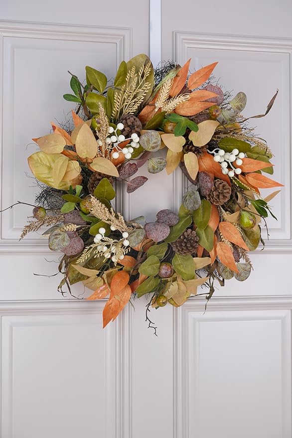 24" Fall Wreath for Front Door Handmade with Artificial Autumn Leaves, Natural Pinecones, Faux Berries and Wheat, Autumn Harvest Wreath Decoration for Home Farmhouse Door Wall Window Porch-Ruum Studio Home