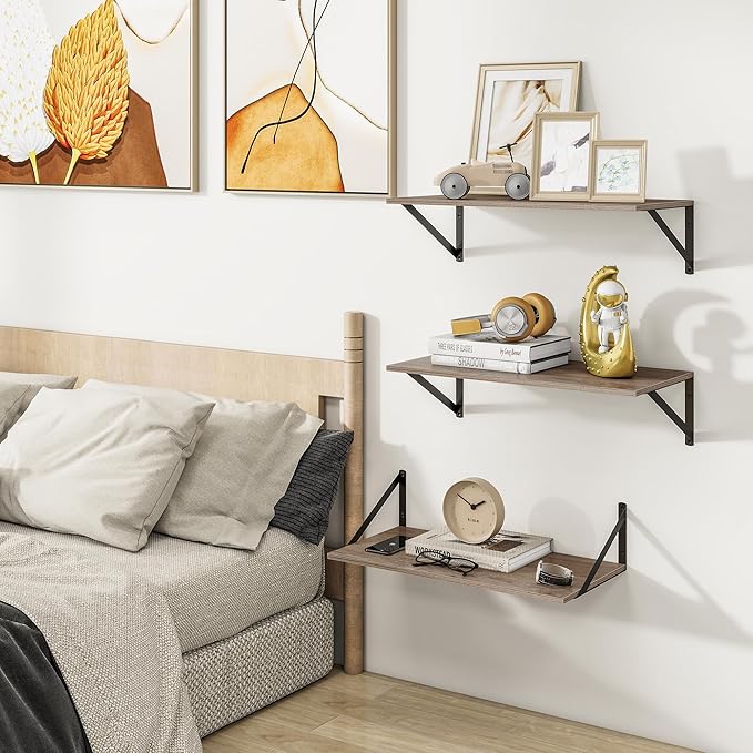 Heimlove 24" W x 12" D Wall Shelves for Books, 12 Inch Deep Floating Shelves Set of 3, Wide Floating Bookshelf with Metal Bracket for Living Room, Kitchen, Office, Bedroom and Decor Storage - Grey-Ruum Studio Home