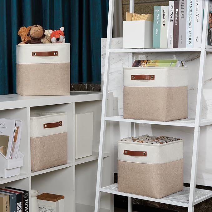 DULLEMELO 11 inch Cube Storage Bins, Large Collapsible Grey Storage Baskets for Square Cubes Organizing, Fabric Boxes Bins for Shelves Nursery Home Office Storage(4 Pack - 11" White&Khaki)-Ruum Studio Home