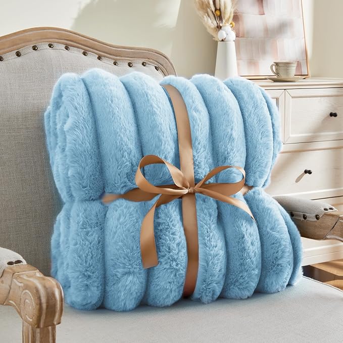 BEDELITE Faux Rabbit Fur Blanket, Luxurious 3D Striped Spring Blanket for Decor & Gift, Soft and Warm Plush Fluffy Faux Fur Throw Blanket All Seasons Suitable, (Light Blue, 50"x 60")-Ruum Studio Home