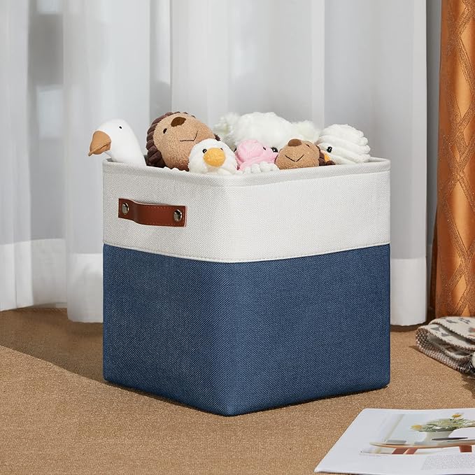 DULLEMELO [Set of 4 Storage Cubes Baskets for Organizing, 11 x 11 x 11 inch Cube Storage Organizer Bins with Leather Handles, Foldable Fabric Cloth Bins for Cube Storage(4 Pack - 11" White&Blue)-Ruum Studio Home