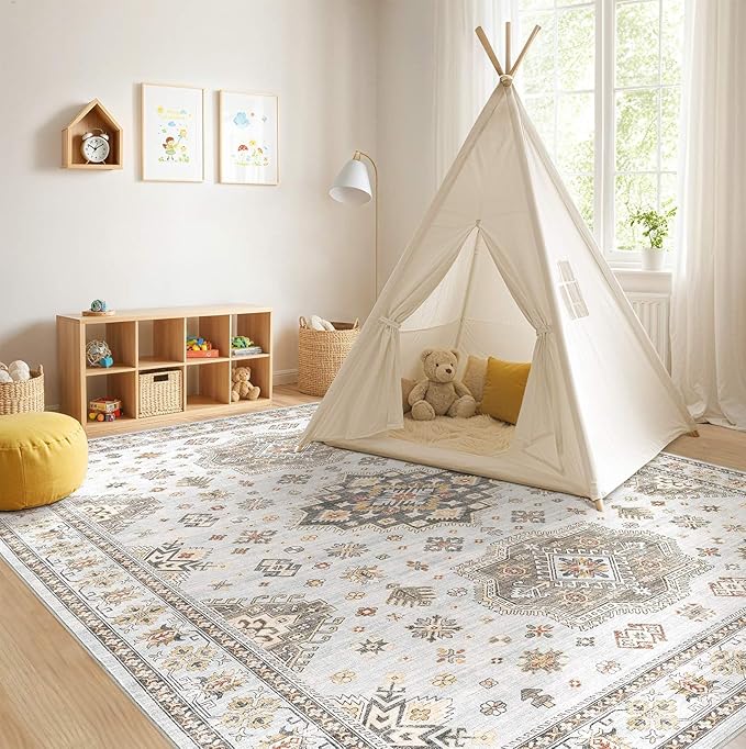 Washable Area Rugs for Living Room -10x12 Neutral Vintage Distressed Floral Farmhouse Boho Large Soft Floor Rug Indoor Non Slip Carpet for Living Room Bedroom Dining Room Office-Blue Brown-Ruum Studio Home