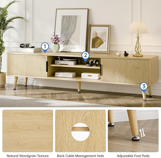 Mid Century TV Stand, Modern TV Console for TVs up to 70 Inches, Entertainment Center with Storage, TV and Media Consol, 62 Inch (Oak)-Ruum Studio Home