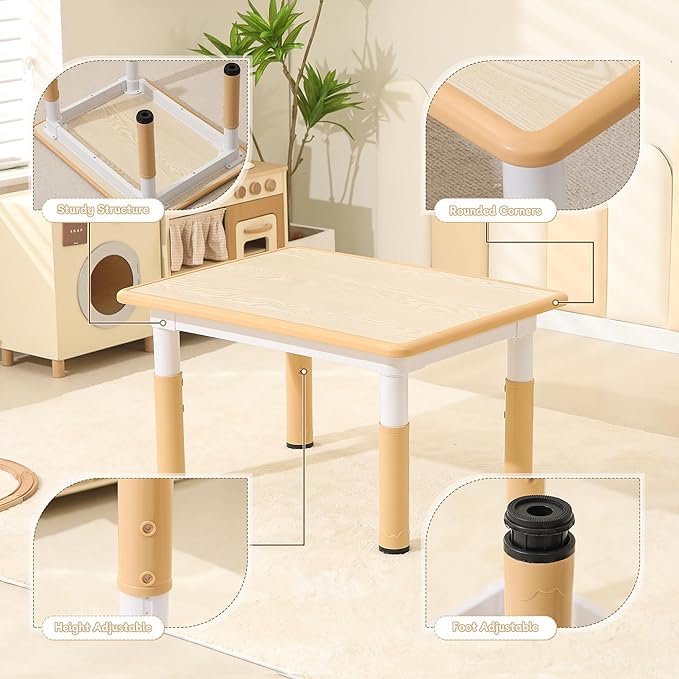 Height-Adjustable Kids Table and Chairs, 31.5''L x 23.6''W Toddler Table and 4 Chairs Set with Anti-Slip Foot Covers, Children Activity Table for Ages 2-10, Graffiti Desktop-Ruum Studio Home