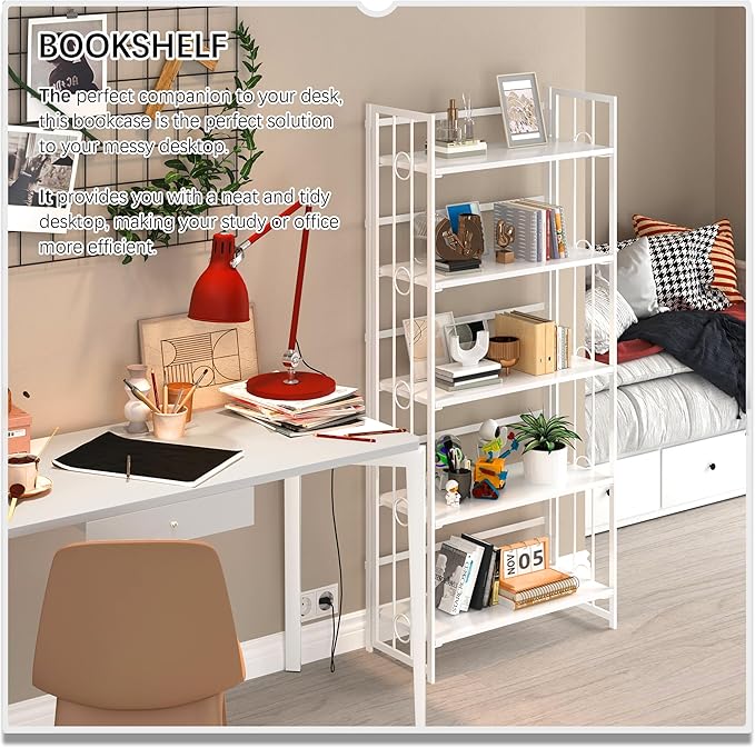 4NM No Assembly 5 Tiers Folding Bookshelf, 59.4" H Foldable Storage Shelves Vintage Bookcase Standing Racks Study Organizer Home Office - All White-Ruum Studio Home