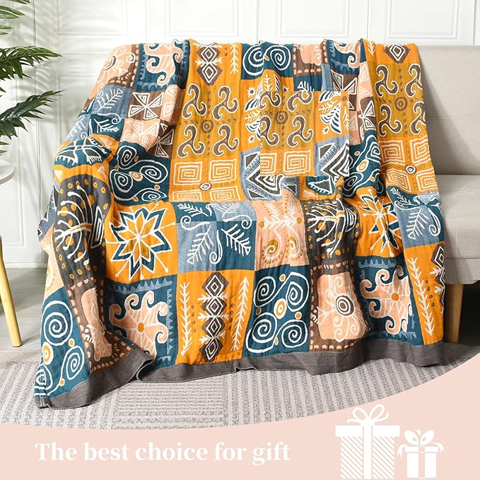 Boho Throw Blanket for Bed - 100% Pure Cotton Ultra Soft Rustic Quilt - Farmhouse Decor Bed Blankets, All Season Rustic Throw for Sofa Couch Chair(91''x 98'', Art Squares)-Ruum Studio Home