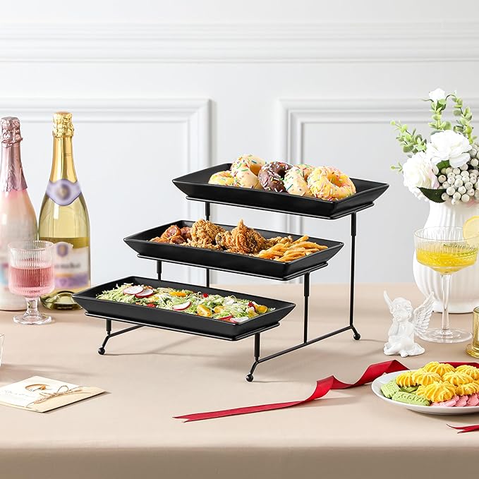 MALACASA 3 Tier Serving Trays for Party, Stoneware Serving Platters and Trays, 12 Inch Tiered Tray Stand, Fruit Tray, Trays for Serving Food, Black Dessert Stand with Collapsible Sturdier Metal Rack-Ruum Studio Home