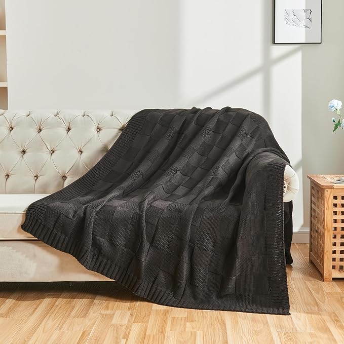 CozeCube Check Knit Throw Blanket, Jet Black Checkered Throw for Couch, Decorative Christmas Soft Cozy Warm Knitted Blanket for Bed Sofa Living Room, 50"X60"-Ruum Studio Home