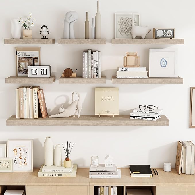 16 Inch Floating Shelves, 3D Textured Wood Grain, 16"x9.25"x1.5" Inch Deep Floating Shelves for Wall, Wooden Shelves for Bathroom, Bedroom, Living Room, Vintage White Oak-Ruum Studio Home