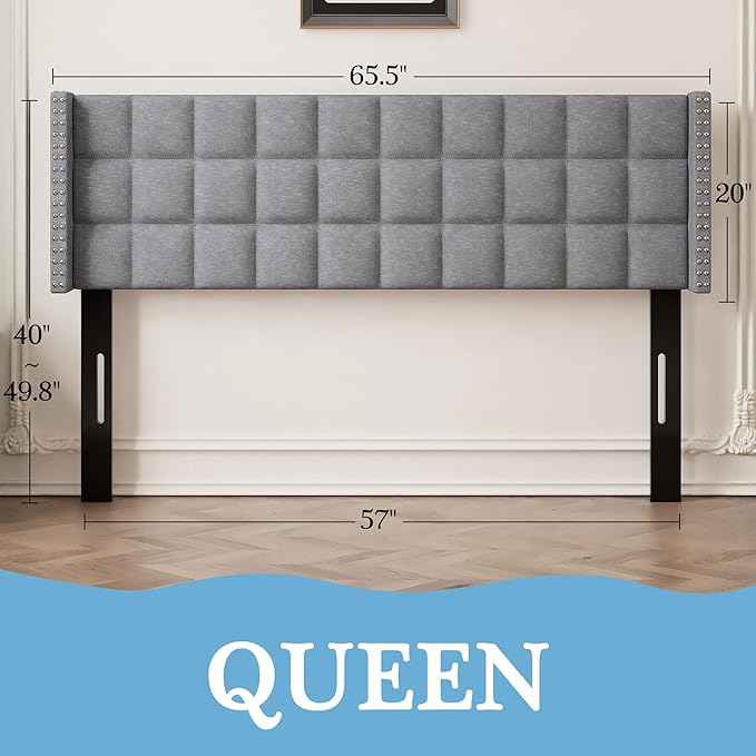 VECELO Headboard Queen Size, Linen Upholstered Headboards Only with Nailhead Trim Wingback, Square Stitched Design, Adjustable Height from 40" to 49.8", Light Grey-Ruum Studio Home