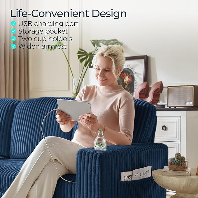 LINSY HOME Sectional Sleeper Sofa with Pull Out Couch Bed - Convertible Plush Corduroy Cloud Couch with Storage Chaise & USB Charging, Comfy L Shaped Modular Couches for Living Room Apartment, Blue-Ruum Studio Home