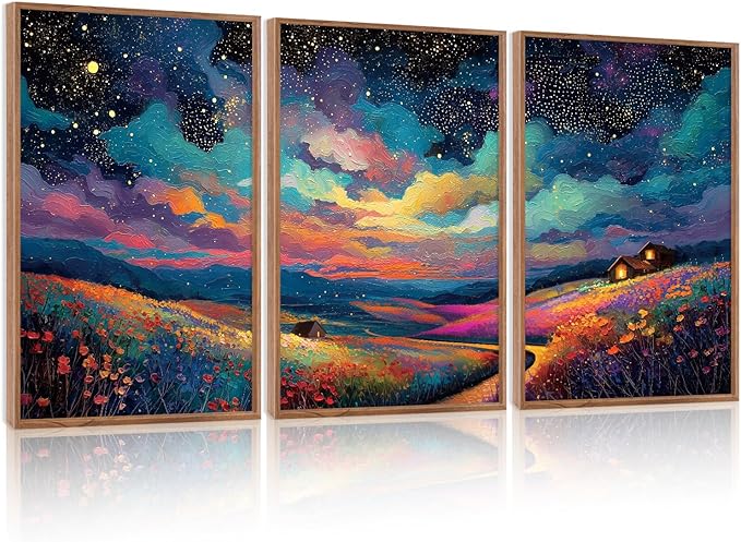 KAIRNE Framed Abstract Midnight Canvas Wall Art,Starry Night Prints Set of 3(16”X24”),Colorful Wildflowers Wall Decor,Nature Night Scene Paintings for Living Room Bedroom office Farmhouse Decoration-Ruum Studio Home