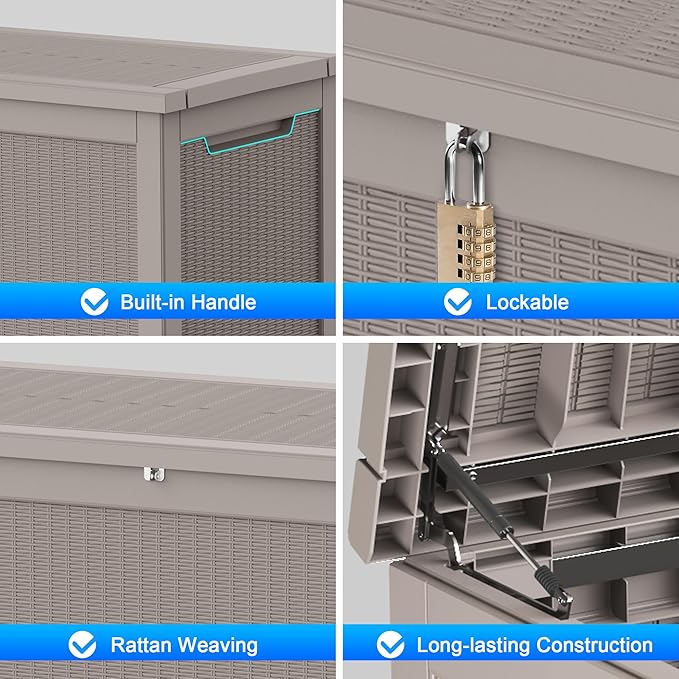 260 Gallon Deck Box XXL Large Outdoor Storage for Patio Furniture,Outdoor Cushions,Garden Tools and Pool Supplies,Waterproof,Resin,Lockable(Grey Rattan)-Ruum Studio Home