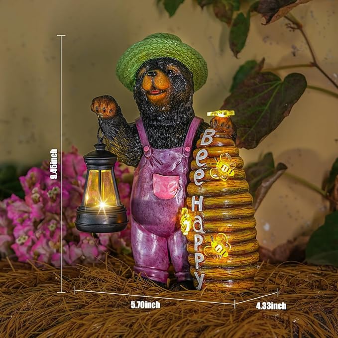 Solar Adorable Bear Garden Statue with Beehive and Lantern - “Bee Happy” Resin Outdoor Decoration for Yard, Patio, or Home Decor-Ruum Studio Home