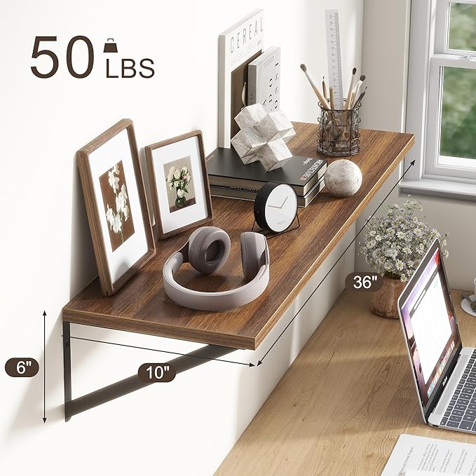 36"W x 10"D Floating Shelves, 10 Inch Deep Walnut Floating Shelves, Farmhouse Rustic Deep Wall Shelves for Home Decor, Wide Large Floating Shelf for Bathroom, Living Room, Kitchen, Study Room-Ruum Studio Home