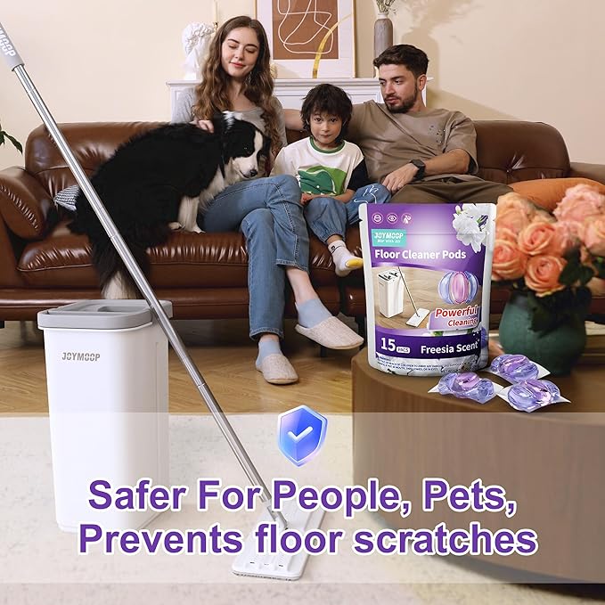 JOYMOOP Mop and Bucket with Wringer Set and Floor Cleaner Pods, Flat Floor Mop with 3 Reusable Microfiber Pads, Wet and Dry Use, Freesia Scent Pack of 15 Pacs for Floor Cleaning-Ruum Studio Home