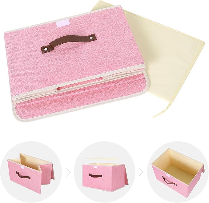 ANMINY 2PCS Storage Bins with Lid PU Leather Handles Storage Boxes PP Plastic Board Decorative Foldable Lidded Cotton Linen Fabric Home Cubes Baskets Closet Organizer Containers - Pink, Large Size-Ruum Studio Home