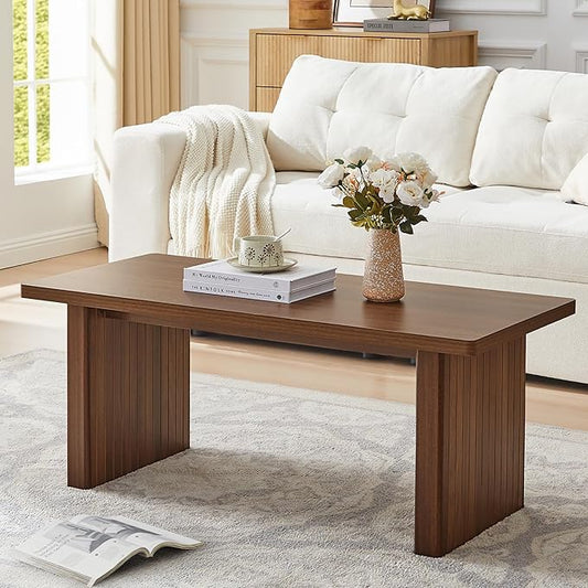 Rectangular Fluted Coffee Table, Farmhouse Wood Coffee Table Mid Century Modern Center Table Boho Living Room Tables for Living Room Office (Walnut, 19.69" D x 43.3" W x 17.72" H)-Ruum Studio Home