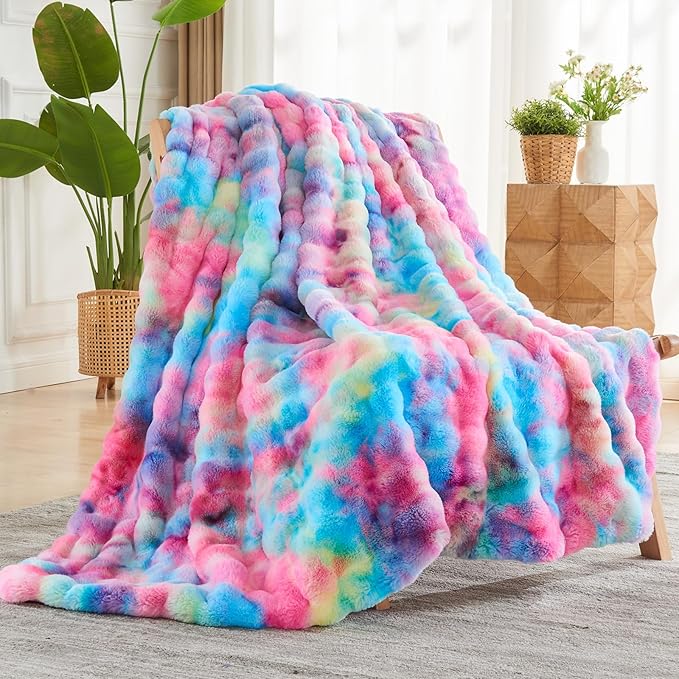 NEWCOSPLAY Faux Fur Twin Blanket Dark Rainbow Luxury Fluffy Thick Warm Bubble Blanket for Couch Sofa Bed 700GSM (Dark Rainbow, Twin(60"x80"))-Ruum Studio Home