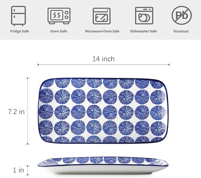 Selamica Ceramic Serving Platters, 14 Inch Serving Trays for Party Entertaining, Large Rectangular Serving Plates for Appetizer, Charcuterie, Dessert, Fruit, Set of 4, Vintage Blue-Ruum Studio Home