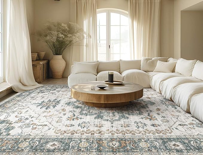 Washable Area Rugs for Living Room -10x12 Neutral Vintage Distressed Floral Farmhouse Boho Large Soft Floor Rug Indoor Non Slip Carpet for Living Room Bedroom Dining Room Office -Green/Grey-Ruum Studio Home