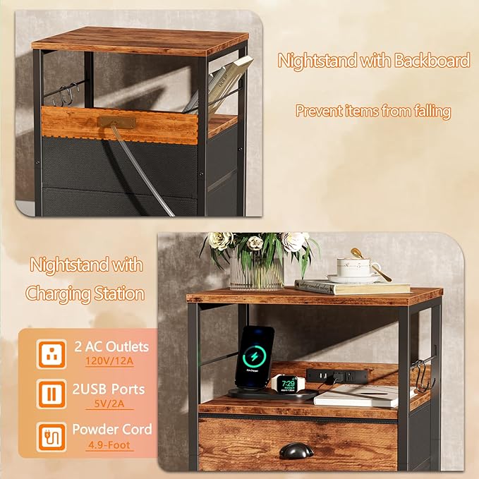 Furologee Night Stand with Charging Station, Bedside Table with Fabric Drawers, End Table with USB Ports & Outlets, Rustic Nightstand with Storage Shelf & Hooks, for Living Room/Bedroom, Rustic Brown-Ruum Studio Home
