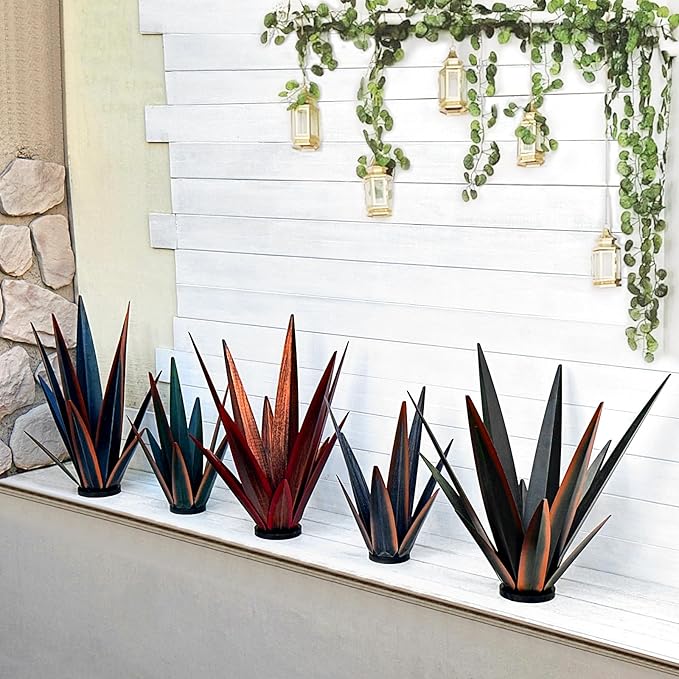 Large Tequila Rustic Sculpture, Rustic Metal Agave Plants for Outdoor Patio Yard, Home Decor Hand Painted Metal Agave Garden Yard Statue, Outdoor Lawn Ornaments (Red - L (W/Solar Light))-Ruum Studio Home