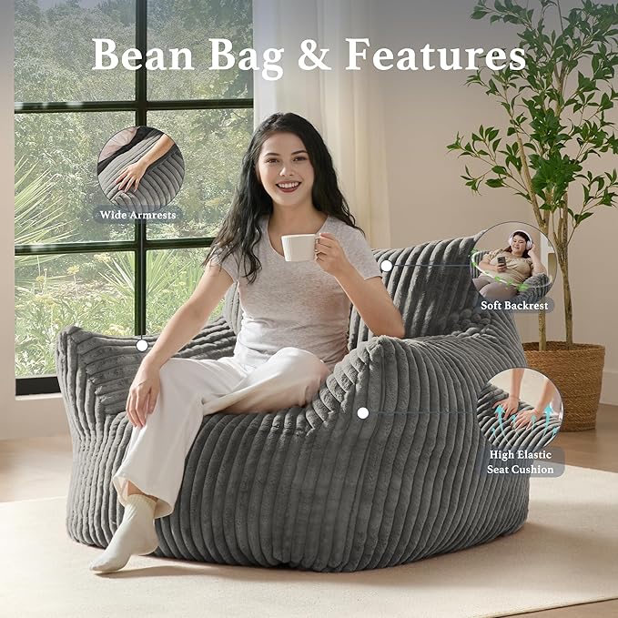 Giant Plush Bean Bag Chair for Adults with Armrests - Oversized Comfy Light Grey Beanbag Lounge Lazy Floor Sofa Accent Chair for Living Room, Bedroom & Dorm, Cozy Fluffy Single Cloud Mini Couch-Ruum Studio Home
