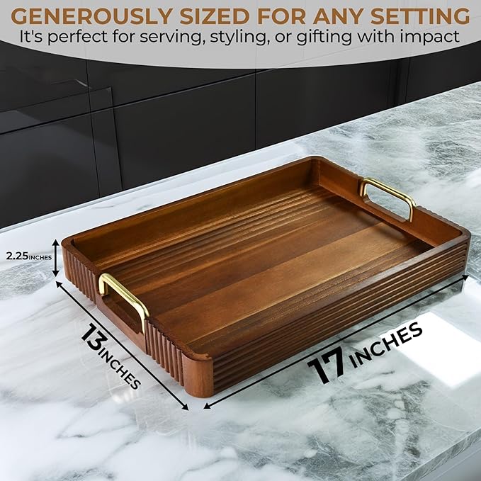 Acacia Wood Serving Tray with Metal Handles – 17x12in Rustic Decorative Ottoman & Coffee Table Tray for Breakfast in Bed, Dinner, Bar, Kitchen, Home Décor & Entertaining-Ruum Studio Home
