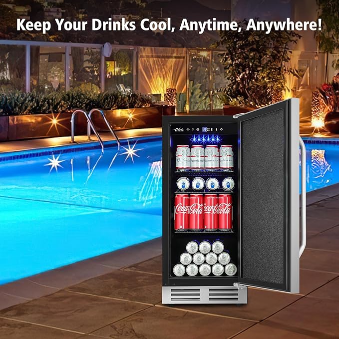 15 Inch Outdoor Beverage Refrigerator Cooler,Stainless Steel 127 Cans Beverage Fridge with French Door Under Counter Built-in or Freestanding, Perfect for Beer, Cola-Ruum Studio Home