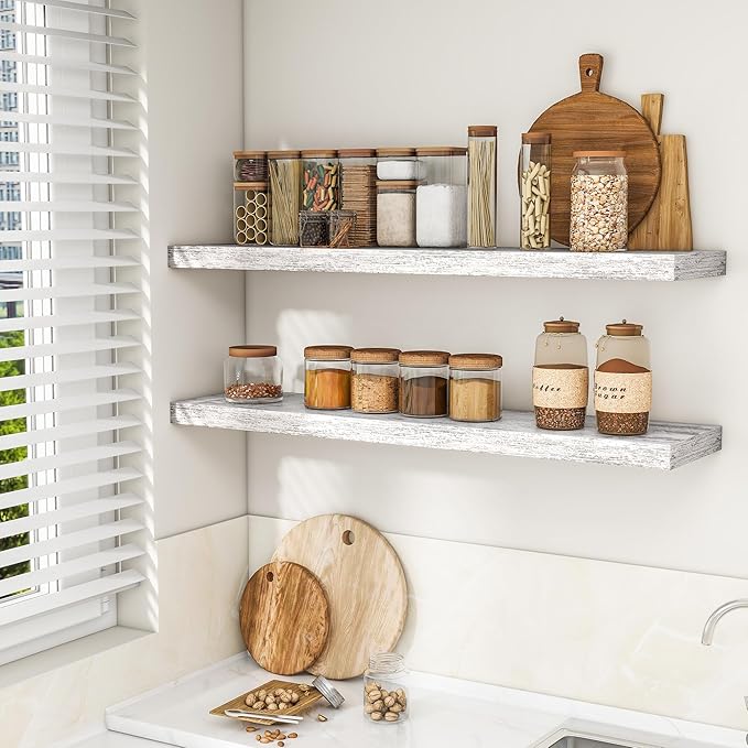RICHFOCUS 48Inch Floating Shelves for Wall 2 Pack Shelves for Bedroom|Kitchen|Bathroom Wall Mounted Rustic Distressed Wood Floating Shelf with Invisible Brackets for Books|Storage|Decor, Rustic-Ruum Studio Home