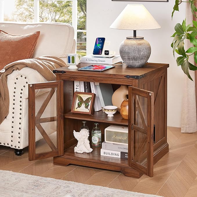 24" End Table with Charging Station, Farmhouse Night Stand with Glass Barn Door, Green Nightstands with Adjustable Storage Shelf, Large Wood Square Bed Side Table for Living Room, Bedroom-Ruum Studio Home