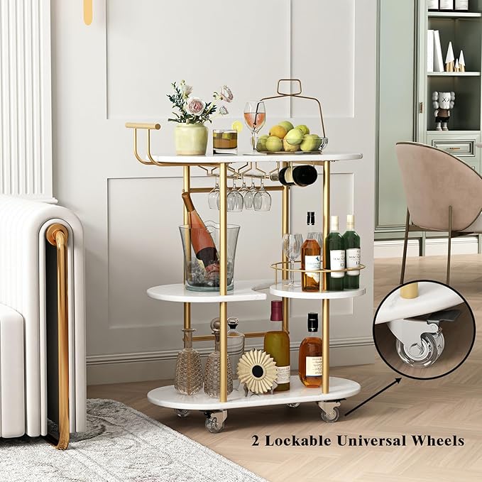 3 Tier Gold Bar Carts for Home Bar Serving Cart with Wheels, Heavy Duty Bar Wine Cart with Storage Shelves, for The Living Room, Kitchen, Bar, Party-Ruum Studio Home