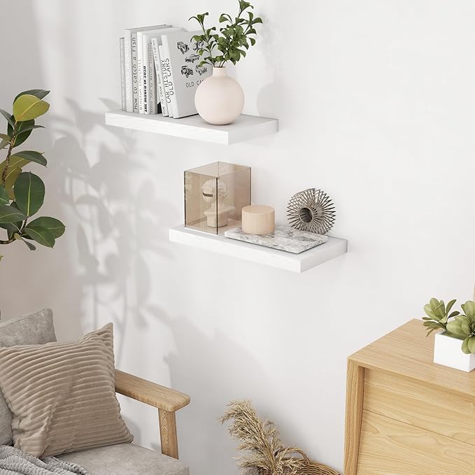 Fun Memories White Floating Shelves 16 Inch Long, 9 Inch Deep Wall Shelf for Bathroom, 16 x 9 Floating Shelf for Living Room, Bedroom, Kitchen, Rustic Wood Shelves for Wall, Set of 2-Ruum Studio Home