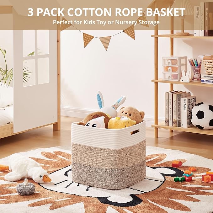 OIAHOMY 13 Kallax Inch Cube Storage Bins, 3-Pack Cotton Rope Woven Baskets for Organizing, Kallax Insert Storage Baskets for Shelves, Baby Nursery, Closet Organizer, 13*13*12.6IN, Gradient Brown-Ruum Studio Home