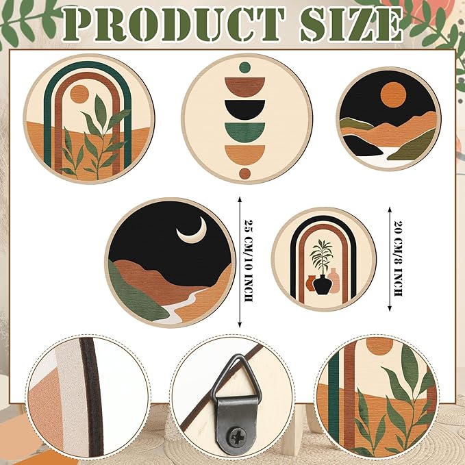 Qunclay 5 Pcs Wall Art Decor Wooden Living Room Wall Decor Bohemian Hanging Farmhouse Geometric 10'' and 8'' Aesthetic Wood Minimalist Posters for Bedroom(Sunset)-Ruum Studio Home