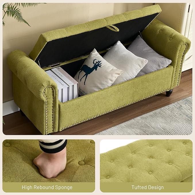 Furniliving 55” End of Bed Bench, Bedroom Bench with Button-Tufted, Large Upholstered Storage Ottoman Benches Entryway Bench with Storage Shoe Cabinet Bench, for Bedroom, Living Room, Linen, Green-Ruum Studio Home