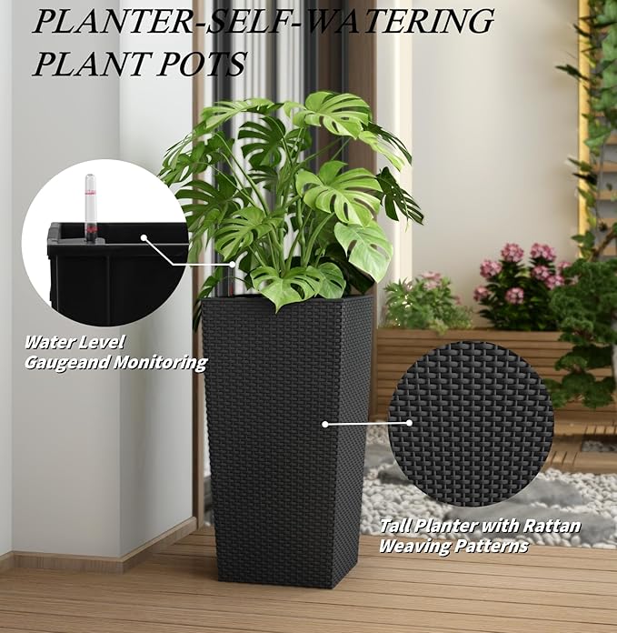 2Pcs 23in High Large Plant Pots Planter-Self-Watering,Modern Planter with Drain Holes,Water Level Monitor,Inner Bucket for Indoor/Outdoor Front Porch Patio,Black Rattan-Ruum Studio Home