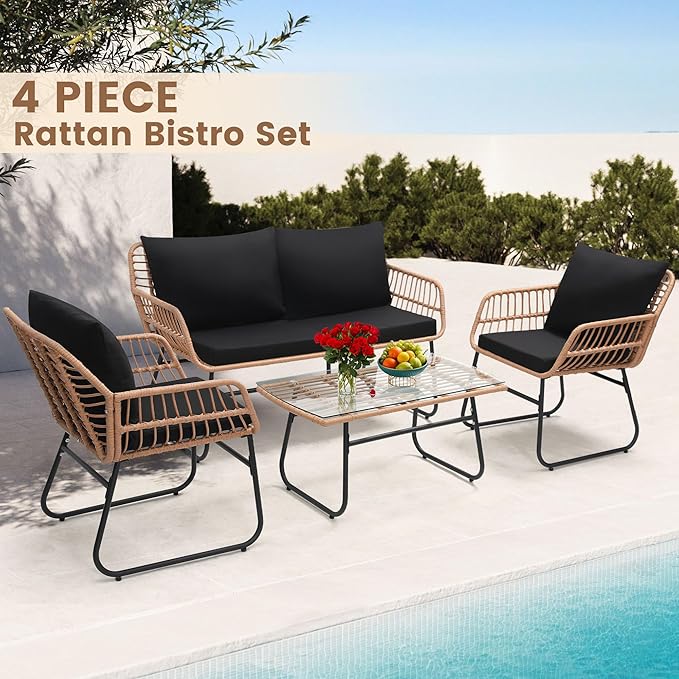Kromax 4 Piece Patio Bistro Outdoor Furniture Set, Wicker Sofa, 2 Rattan Chairs, and Table, Backyard Conversation Set, All Weather Cushions, Natural Rattan Black Cushion-Ruum Studio Home
