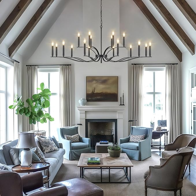 Black Living Room Chandelier 18 Light Hight Ceiling Foyer Candle Chandelier Large Dining Room Light Fixture Over Table 59in Metal Modern Chandeliers Hanging Light for Entry Master Bedroom-Ruum Studio Home