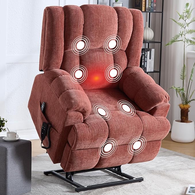 Dual Motor Power Lift Recliner Chair with Massage and Heat for Elderly People, Infinite Position, Burgundy Recliner Chair, Chenille Fabric Lift Chair-Ruum Studio Home