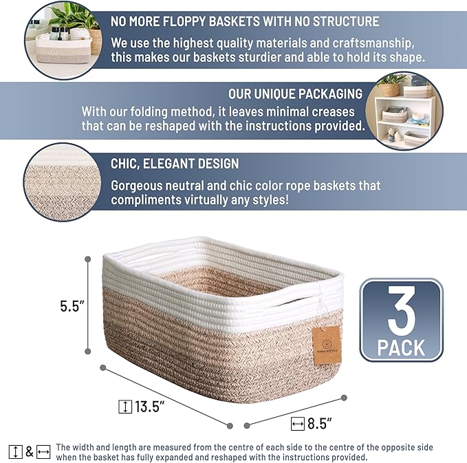NaturalCozy 13.5”x8.5”x5.5” Storage Baskets for Shelves 3 Pack | Cotton Rope Woven Small Baskets for Organizing | Small Storage Bins for Nursery, Bathroom, Closet, Cube Shelf, Decorative, Gift-Ruum Studio Home