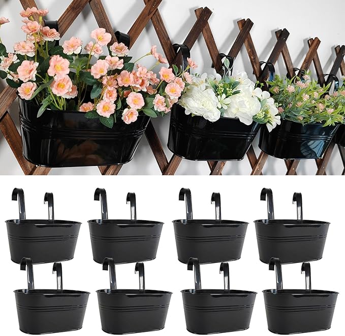 8 Pack Metal Hanging Planter for Outdoor Plants, 10 Inch Black Fence Planters Railing Pots for Garden Patio Balcony Decor, Flower Bucket with Detachable Hooks (Black, 8Pcs)-Ruum Studio Home