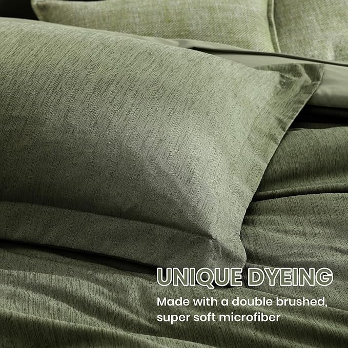 Monbix California King Comforter Set - 7 Pieces Cationic Dyeing Olive Green Bed in a Bag Cal King Bedding Sets with Comforter, Sheets, Pillowcases & Shams, Reversible Bedding Comforters Sets(108 * 92)-Ruum Studio Home